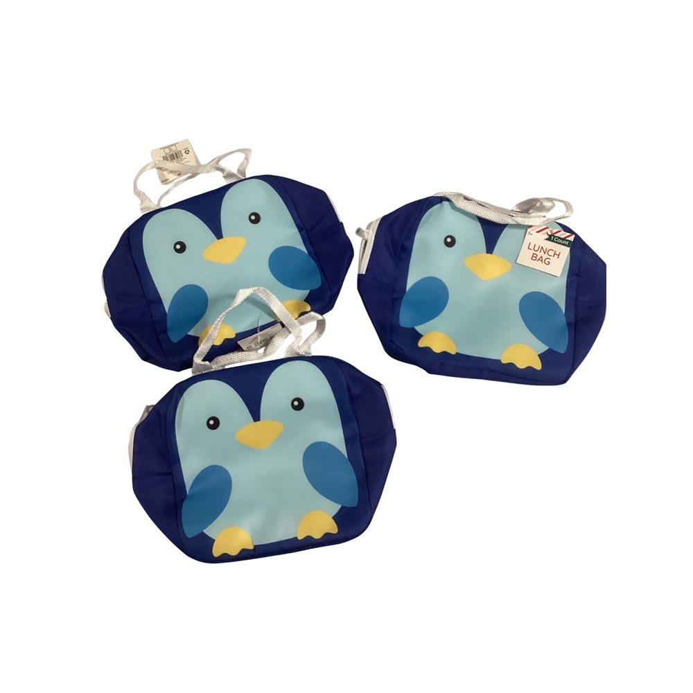 3-Penguin Kids Lunch Bag Insulated Blue Childrens School Food Carrier New